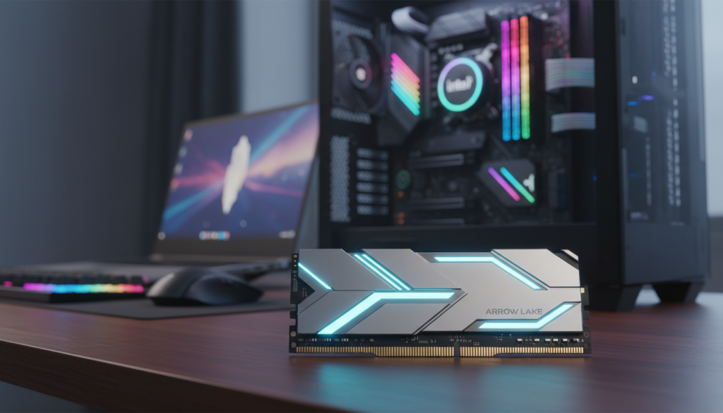 A futuristic concept of an Intel Arrow Lake memory module prominently displayed in the foreground, showcasing its sleek design and advanced technology. The middle ground features a high-tech desktop setup with a glowing motherboard, highlighted by colorful RGB lighting, emphasizing compatibility with DDR5 RAM. In the background, a modern laptop is partially visible, reflecting a professional environment with subtle hints of a workspace. The scene is illuminated by soft, dynamic lighting that creates an atmosphere of innovation and sophistication, with a shallow depth of field that blurs the background slightly. The composition is shot from a low angle to give prominence to the memory module and evoke a sense of cutting-edge technology in the realm of computing.