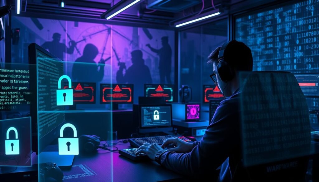 A futuristic cyberpunk scene depicting a gamer at their computer, focused intently on the screen, surrounded by digital threats symbolizing the evolution of cybercrime. In the foreground, display ominous holographic images of ransomware targeting game folders and save data, with intricate coding patterns and lock symbols. The middle ground should feature a dimly lit room filled with gaming paraphernalia and tech gadgets, illuminated by the glow of multiple monitors displaying warnings and alerts. In the background, a dark, abstract representation of the internet landscape, filled with shadowy figures and binary code, creates a sense of foreboding. The lighting should have a moody, electric blue and purple hue, enhancing the tension while maintaining a sleek, modern aesthetic. The atmosphere should feel urgent and intense, emphasizing the serious threat to gamers. A futuristic cyberpunk scene depicting a gamer at their computer, focused intently on the screen, surrounded by digital threats symbolizing the evolution of cybercrime. In the foreground, display ominous holographic images of ransomware targeting game folders and save data, with intricate coding patterns and lock symbols. The middle ground should feature a dimly lit room filled with gaming paraphernalia and tech gadgets, illuminated by the glow of multiple monitors displaying warnings and alerts. In the background, a dark, abstract representation of the internet landscape, filled with shadowy figures and binary code, creates a sense of foreboding. The lighting should have a moody, electric blue and purple hue, enhancing the tension while maintaining a sleek, modern aesthetic. The atmosphere should feel urgent and intense, emphasizing the serious threat to gamers.