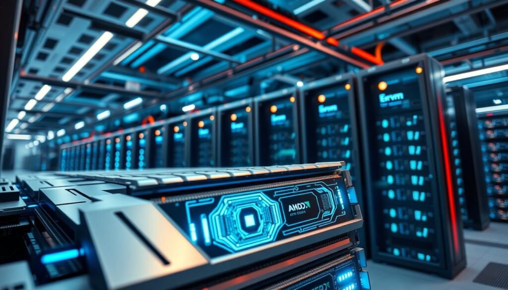 A futuristic data center interior, showcasing a powerful integration of server memory and AMD EPYC processors. In the foreground, a close-up of a high-tech server rack featuring the latest Micron DDR5 128GB memory modules, gleaming with metallic finishes. In the middle ground, multiple AMD EPYC processors are seamlessly connected, displaying intricate circuit designs illuminated by soft, blue LED lighting that enhances the tech ambiance. The background reveals expansive rows of servers and sophisticated cooling systems, all under dynamic overhead lighting that casts a vibrant glow throughout the space. The mood conveys innovation and high performance, with a sense of cutting-edge technology at work. The image captures a sleek, professional atmosphere with a focus on efficiency and modern design. A futuristic data center interior, showcasing a powerful integration of server memory and AMD EPYC processors. In the foreground, a close-up of a high-tech server rack featuring the latest Micron DDR5 128GB memory modules, gleaming with metallic finishes. In the middle ground, multiple AMD EPYC processors are seamlessly connected, displaying intricate circuit designs illuminated by soft, blue LED lighting that enhances the tech ambiance. The background reveals expansive rows of servers and sophisticated cooling systems, all under dynamic overhead lighting that casts a vibrant glow throughout the space. The mood conveys innovation and high performance, with a sense of cutting-edge technology at work. The image captures a sleek, professional atmosphere with a focus on efficiency and modern design.