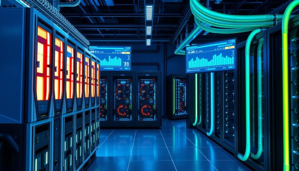 A futuristic data center showcasing advanced liquid cooling technology. In the foreground, sleek, high-tech cooling units with illuminated panels and intricate piping. The middle ground features rows of powerful servers, interconnected with bright blue and green liquid cooling tubes, reflecting the latest innovations in cooling solutions. In the background, large monitoring screens display real-time temperature and performance metrics, casting a soft glow over the environment. The scene is bathed in cool, ambient lighting, creating a professional, high-tech atmosphere. A sense of innovation and advancement permeates the air, with a clean, modern aesthetic that emphasizes the importance of cooling technology in a cutting-edge data center environment.