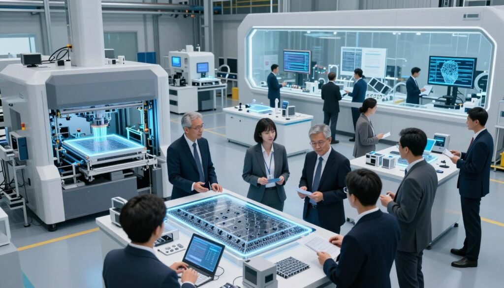 A futuristic industrial setting showcasing various applications of graphene technology. In the foreground, a diverse group of engineers in professional business attire are examining graphene-based materials and devices, such as flexible screens and lightweight structural components. The middle ground features advanced manufacturing machinery integrating graphene into products, emitting a soft blue glow, indicating high-tech processes. In the background, a sleek laboratory with transparent walls displays research teams demonstrating graphene’s versatility in various industries. The lighting is bright and focused, creating an optimistic and innovative atmosphere. Capture the scene from a dynamic angle that highlights both the human effort and the cutting-edge technology, emphasizing the strength and flexibility of graphene in modern industry.