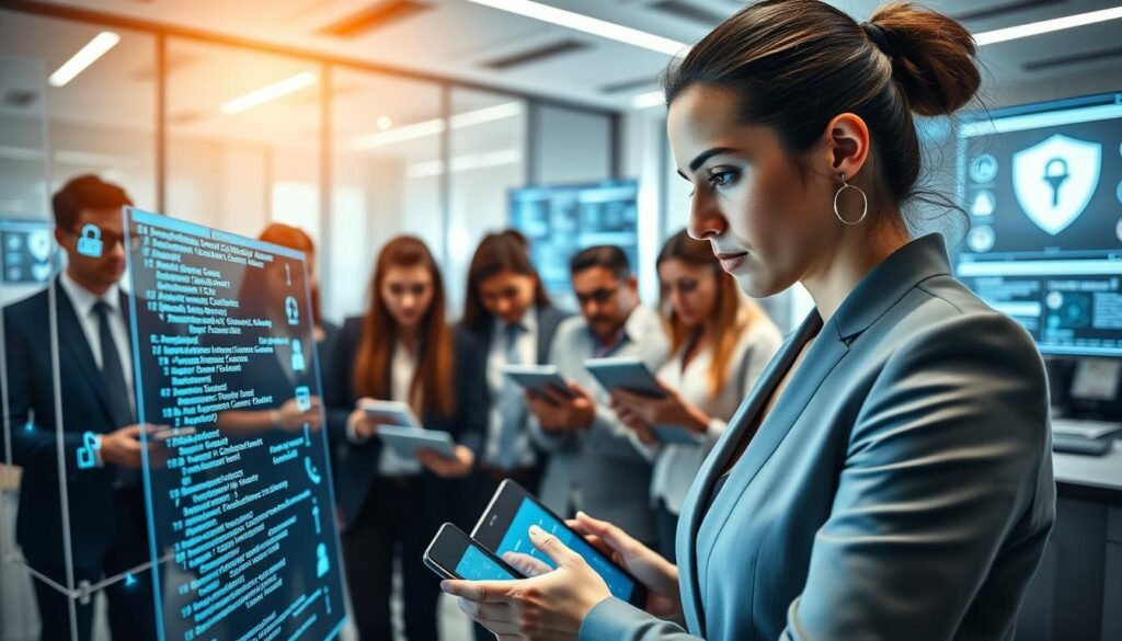 A futuristic open-source security scenario featuring a diverse group of professionals collaborating around a high-tech digital interface. In the foreground, a focused woman in a smart business suit analyzes code on a holographic display, her expressions reflecting determination and insight. In the middle, a diverse team engages in a brainstorming session, showcasing various devices, like tablets and laptops, with glowing lines of code and digital security symbols around them, indicating proactive security measures. The background reveals a modern office space with translucent walls and screens displaying data protection metrics. The lighting is bright and optimistic, casting a professional yet inspiring atmosphere. Capture this scene from a slightly elevated angle to emphasize teamwork and innovation for the future of open-source security.