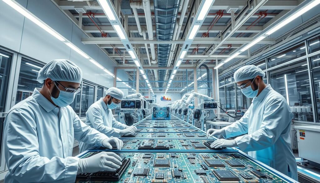 A futuristic semiconductor manufacturing facility showcasing the TSMC chip production process. In the foreground, a cleanroom environment with engineers wearing white coveralls and face masks, examining silicon wafers under bright LED lighting. In the middle, advanced machinery and robotic arms meticulously placing components on circuit boards with precision, surrounded by screens displaying data analytics. The background features large glass windows revealing a sprawling facility with intricate piping and ventilation systems. The overall atmosphere is one of high-tech efficiency and innovation, with a cool color palette that conveys a sense of professionalism and meticulousness. Use a wide-angle lens perspective to capture the scale and complexity of this cutting-edge technology.