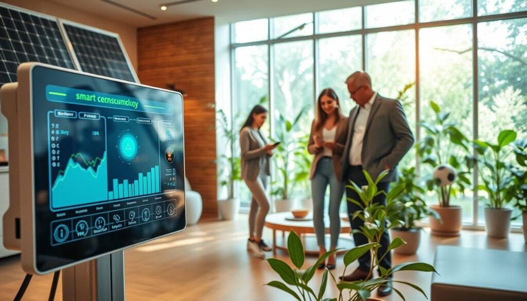 A futuristic smart home interior showcasing advanced energy management technology. In the foreground, a smart control panel displays real-time energy consumption data, surrounded by eco-friendly devices like solar panels and energy-efficient appliances. In the middle, a family is engaged in daily activities, dressed in professional yet casual attire, interacting seamlessly with their smart home system. The background features large windows with natural light flooding in, highlighting a green garden filled with sustainable plants. The atmosphere is bright, inviting, and harmonious, emphasizing a blend of technology and nature. The scene is illuminated with soft, warm lighting, creating a welcoming environment, shot from a wide-angle perspective to capture the entirety of the innovative space.