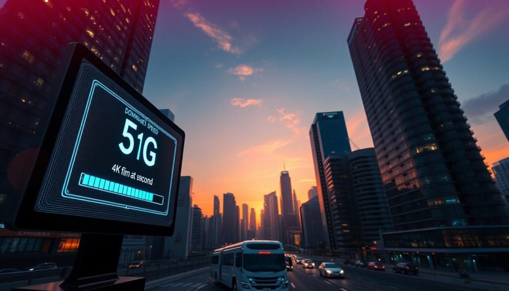 A futuristic urban setting showcasing the concept of 5G internet speed. In the foreground, a sleek digital display illustrates the concept of downloading a 4K film in just 1 second, featuring a stylized progress bar filling rapidly. The middle ground features modern skyscrapers with glowing lights, symbolizing advanced technology and connectivity. In the background, a vibrant sunset casts a warm glow over the skyline, with a clear sky transitioning to deep blue, suggesting the dawn of a new technological age. The scene is illuminated with bright, dynamic lighting enhancing the atmosphere of innovation and excitement. Capture this moment from a low angle to emphasize the towering buildings and the display, conveying a sense of awe and speed characteristic of 5G technology.