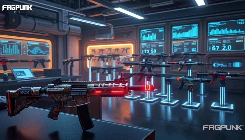 A futuristic weapon customization workshop scene, featuring a diverse range of weapon skins designed for a game called FragPunk. In the foreground, a sleek sci-fi rifle with intricate patterns and vibrant colors gleams under a bright LED workbench light, showcasing its customization options. The middle ground features an array of other weapons, each adorned with dynamic skins, displayed on holographic stands, reflecting the creativity and variety in customization. The background reveals a high-tech environment with digital screens showing graphs and stats about weapon performance and customization effects. Soft, ambient lighting enhances the atmosphere, evoking a sense of innovation and excitement. The overall mood is energetic and immersive, inviting viewers into a world where personalization adds value to gameplay.