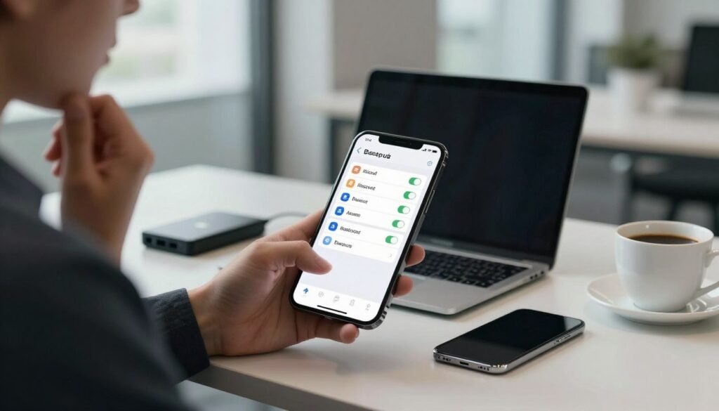 A futuristic workspace featuring an iPhone open to the settings menu displaying backup options. In the foreground, a professional person in business attire examines the screen thoughtfully, reflecting consideration of iCloud versus personal computer backups. The middle ground showcases an organized desk with a laptop, an external hard drive, and an iPhone beside a cup of coffee. The background includes a modern office environment with soft, natural lighting filtering through large windows, creating a serene and focused atmosphere. The lens captures a close-up of the iPhone's interface, accentuating the backup settings. Overall, the mood is one of diligence and tech-savviness, emphasizing the importance of smart data management choices. A futuristic workspace featuring an iPhone open to the settings menu displaying backup options. In the foreground, a professional person in business attire examines the screen thoughtfully, reflecting consideration of iCloud versus personal computer backups. The middle ground showcases an organized desk with a laptop, an external hard drive, and an iPhone beside a cup of coffee. The background includes a modern office environment with soft, natural lighting filtering through large windows, creating a serene and focused atmosphere. The lens captures a close-up of the iPhone's interface, accentuating the backup settings. Overall, the mood is one of diligence and tech-savviness, emphasizing the importance of smart data management choices.