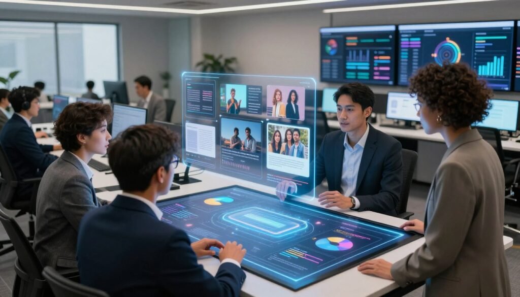 A futuristic workspace showcasing the capability of AI content creation with Google Gemini. In the foreground, a diverse group of three professionals, dressed in smart business attire, interact with an advanced touchscreen interface displaying dynamic visuals of AI-generated content. In the middle ground, glowing holograms flare up depicting various types of content like images, articles, and videos being generated in real-time. In the background, soft ambient lighting illuminates a modern office environment with large screens displaying user engagement metrics, enhancing the high-tech atmosphere. Capture this scene from a slightly elevated angle to emphasize the innovation and collaboration involved. The overall mood should convey excitement and creativity, reflecting the groundbreaking potential of AI in content generation.