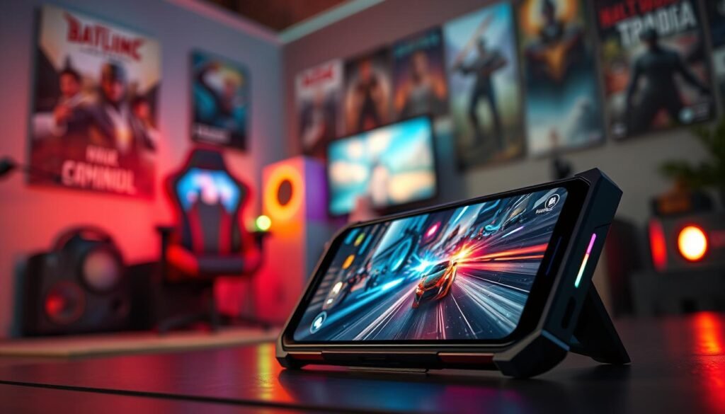 A high-performance gaming mobile device sits prominently in the foreground, showcasing its sleek design with a vibrant, high-resolution screen displaying an action-packed gaming scene. The phone has an angular, futuristic aesthetic with glowing LED accents that hint at its powerful GPU capabilities. In the middle ground, a blurred-out gaming setup includes a gaming chair, colorful LED lighting, and accessories like a controller and headset, hinting at an immersive gaming experience. The background captures a modern gaming room vibe, with posters of popular games and a subtle glow from a strategically placed ambient light source, creating a dynamic, energetic atmosphere. Utilize dramatic lighting to highlight the mobile device, enhancing its sleek features and showcasing its vivid display while maintaining a focus on gaming performance. A high-performance gaming mobile device sits prominently in the foreground, showcasing its sleek design with a vibrant, high-resolution screen displaying an action-packed gaming scene. The phone has an angular, futuristic aesthetic with glowing LED accents that hint at its powerful GPU capabilities. In the middle ground, a blurred-out gaming setup includes a gaming chair, colorful LED lighting, and accessories like a controller and headset, hinting at an immersive gaming experience. The background captures a modern gaming room vibe, with posters of popular games and a subtle glow from a strategically placed ambient light source, creating a dynamic, energetic atmosphere. Utilize dramatic lighting to highlight the mobile device, enhancing its sleek features and showcasing its vivid display while maintaining a focus on gaming performance.