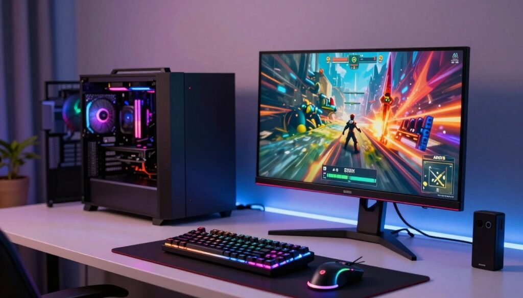 A high-performance gaming setup showcasing the AMD Ryzen 9 8950X3D in action, highlighted on a sleek desk with modern gaming peripherals. In the foreground, a state-of-the-art monitor displays vibrant 4K gameplay visuals of a thrilling gaming scene, with intense colors and intricate graphics. The middle layer features a high-end gaming keyboard and mouse, illuminated with RGB lighting, exuding a dynamic ambiance. In the background, soft LED lights accentuate the room, creating a cozy yet focused atmosphere ideal for gaming. The scene is captured with a slight depth of field effect, drawing attention to the foreground elements while softly blurring the background. The overall mood reflects excitement and high-tech performance, emphasizing the capabilities of 4K gaming without the need for expensive GPUs.