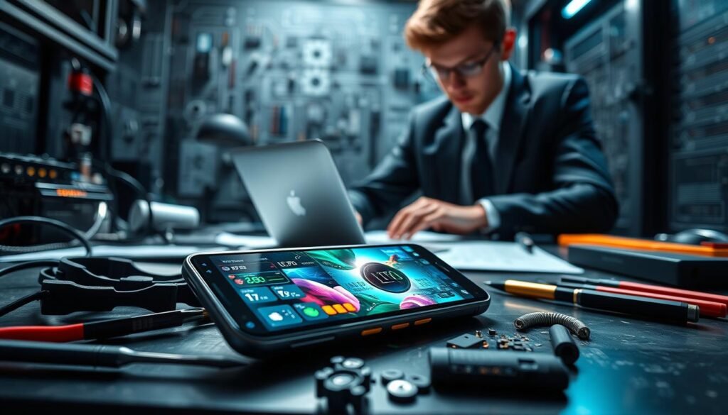 A high-tech scene focused on a technician working diligently on a gaming smartphone displaying an LTPO screen. In the foreground, a detailed view of the smartphone with a clear depiction of the LTPO display showing vibrant graphics and indicators of battery usage, with tools laid out around it. In the middle ground, the technician, a young professional in smart business attire, is analyzing data on a laptop, surrounded by technical schematics and circuit board designs. The background features a modern tech workspace with dim, focused lighting that highlights the intricate components, creating an atmosphere of innovation and problem-solving. The composition should emphasize the technical challenge and solution aspect, with a slight depth of field to draw attention to the technician and smartphone. A high-tech scene focused on a technician working diligently on a gaming smartphone displaying an LTPO screen. In the foreground, a detailed view of the smartphone with a clear depiction of the LTPO display showing vibrant graphics and indicators of battery usage, with tools laid out around it. In the middle ground, the technician, a young professional in smart business attire, is analyzing data on a laptop, surrounded by technical schematics and circuit board designs. The background features a modern tech workspace with dim, focused lighting that highlights the intricate components, creating an atmosphere of innovation and problem-solving. The composition should emphasize the technical challenge and solution aspect, with a slight depth of field to draw attention to the technician and smartphone.