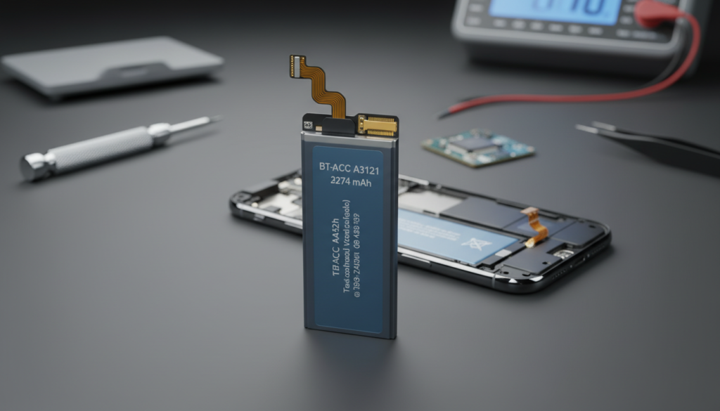 A highly detailed close-up of an iPhone 15 Pro battery (model BT-ACC A3121, 3274 mAh). The battery should be prominently displayed in the foreground, showcasing its sleek design, including connectors and labels. Soft, diffused lighting highlights the battery's metallic casing and intricate circuits, lending a high-tech aura. In the middle ground, an iPhone 15 Pro is slightly angled, emphasizing the battery's fit within the device. The background is softly blurred, featuring a minimalist workspace with tools and gadgets, suggesting an atmosphere of innovation and technology. The scene has a modern, professional mood, with a focus on the battery's significance in optimizing performance and longevity, avoiding any text or overlays for a clean presentation. A highly detailed close-up of an iPhone 15 Pro battery (model BT-ACC A3121, 3274 mAh). The battery should be prominently displayed in the foreground, showcasing its sleek design, including connectors and labels. Soft, diffused lighting highlights the battery's metallic casing and intricate circuits, lending a high-tech aura. In the middle ground, an iPhone 15 Pro is slightly angled, emphasizing the battery's fit within the device. The background is softly blurred, featuring a minimalist workspace with tools and gadgets, suggesting an atmosphere of innovation and technology. The scene has a modern, professional mood, with a focus on the battery's significance in optimizing performance and longevity, avoiding any text or overlays for a clean presentation.