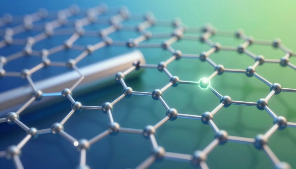 A highly detailed illustration of a graphene atom structure, showcasing its unique hexagonal lattice formation. In the foreground, the intricate pattern of carbon atoms is vividly highlighted, with some carbon atoms depicted as bright spheres connected by thin, glowing lines to emphasize the strength and flexibility of graphene. In the middle ground, a blurred representation of a metallic object, symbolizing steel, allows for a visual comparison to highlight graphene's superior strength. In the background, a gradient of soft blue and green colors creates a futuristic atmosphere, suggesting advanced materials science. The lighting is bright and focused, accentuating the structural details, while a slight depth of field adds to the immersion. The overall mood conveys innovation and the cutting-edge technology behind graphene.
