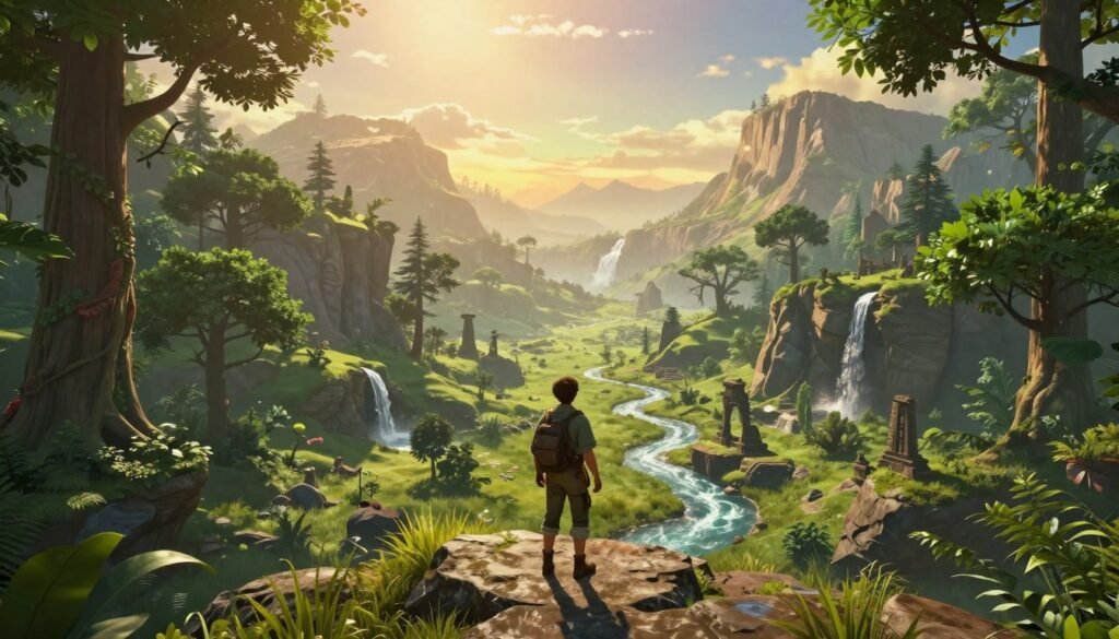 A lush, sprawling open-world landscape inspired by nature, featuring a vibrant forest biome filled with towering trees and glistening streams. In the foreground, a lone adventurer in modest, rugged attire stands atop a rocky outcrop, gazing into the vast expanse ahead. The middle ground showcases a diverse terrain with rolling hills, cascading waterfalls, and scattered ancient ruins, hinting at a rich history. The background reveals majestic mountains under a brilliant sunset sky, casting warm golden light across the scene. The atmosphere is one of wonder and exploration, evoking a sense of ambition and the untapped potential of an open-world adventure. Emphasize natural light and a slightly elevated perspective to capture the grandeur and depth of the landscape.