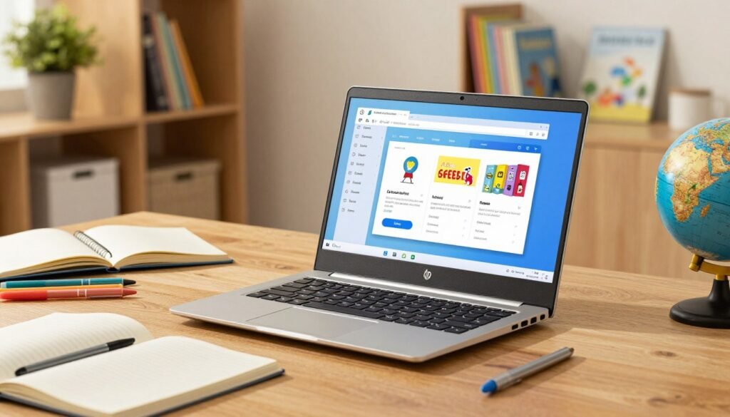 A modern Chromebook HP 14a NA1000 laptop displayed prominently on a sleek, stylish wooden desk. The laptop is open, showcasing its vibrant screen filled with educational applications. In the foreground, there are scattered school supplies like a notebook, colorful pens, and a small globe, creating a study-friendly atmosphere. The middle provides a sharp focus on the laptop, with its elegant design and texture highlighted. The background features a softly blurred, cozy room with bookshelves filled with educational resources, a potted plant for a touch of nature, and warm ambient lighting creating a welcoming study environment. The mood is uplifting and inspiring, perfect for a student's workspace. The image should capture clarity, with a soft depth of field effect to enhance the laptop's details.