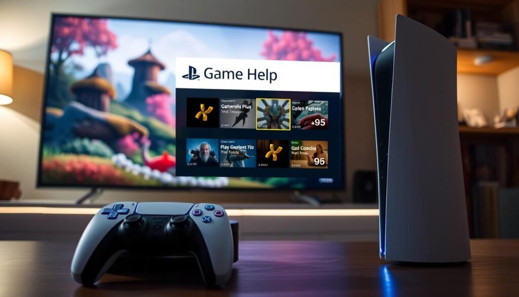 A modern PlayStation 5 console prominently displayed in the foreground, with an illuminated controller resting beside it. The screen of a high-definition TV shows vivid gameplay footage featuring a vibrant fantasy world. In the middle ground, a user interface overlay displays interactive "Game Help" prompts, showcasing video snippets of gameplay tips and tricks. The scene is set in a cozy living room, with soft ambient lighting casting a warm glow, creating an inviting atmosphere for gaming. The background features a shelf adorned with various PlayStation games and collectibles, adding a sense of depth and personalization. The overall mood feels engaging and dynamic, capturing the essence of gaming assistance through the PlayStation Plus feature.