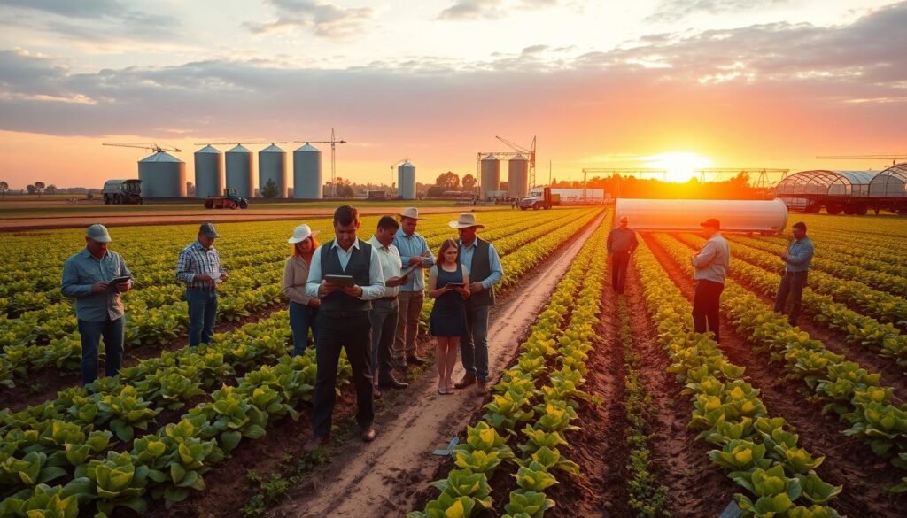 A modern agricultural landscape showcasing the impact of digitalization. In the foreground, a diverse group of farmers in professional attire, some using tablets and drones to monitor crops, while others examine smart sensors placed in the soil. In the middle ground, lush fields of greenery with advanced irrigation systems and automated machinery at work. In the background, a vibrant sunset casts warm, soft lighting over the scene, illuminating silos and smart greenhouses. The atmosphere is hopeful and innovative, emphasizing the harmony between technology and nature, conveying a sense of progress and transformation in the agricultural sector. The scene captures the essence of modern farming enhanced by IoT technology.