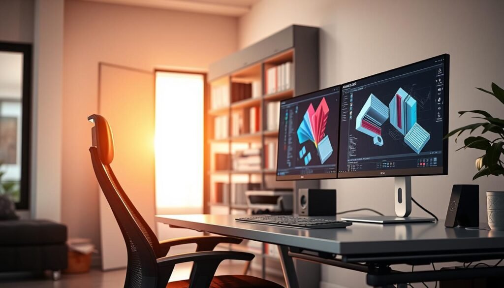 A modern, creative workstation featuring a sleek desk with a high-end computer setup, showcasing an integrated graphics card. The foreground includes a stylish monitor displaying AutoCAD 2024 with vibrant, detailed designs. A comfortable ergonomic chair is positioned at the desk. In the middle, a filled bookshelf with design manuals and technical books enhances the productive ambiance. The background features a well-lit room, illuminated by soft natural light coming through a large window, casting a warm glow. The overall mood is focused and inspiring, inviting creativity and productivity. The environment should be clean and organized, emphasizing a professional atmosphere suitable for design work.
