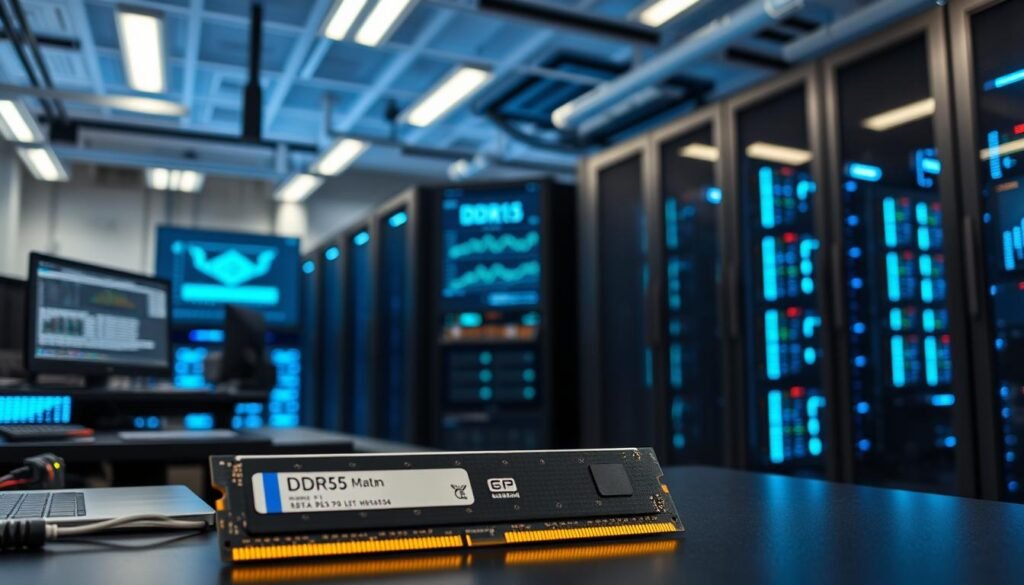 A modern data center interior, showcasing a sleek and technologically advanced environment. In the foreground, a detailed and organized workstation with advanced computer setups and DDR5 memory modules prominently displayed. The middle ground features racks of servers, glowing with ambient blue LED lights, indicating high-performance computing. In the background, a large digital screen visualizes data analytics and resource management. The overall atmosphere is dynamic and professional, emphasizing innovation and efficiency. Utilize soft, focused lighting to highlight the memory modules and workstations, captured with a slight upward angle to add depth to the scene. The mood should convey a sense of expertise and high-tech precision in implementation and best practices of server memory. A modern data center interior, showcasing a sleek and technologically advanced environment. In the foreground, a detailed and organized workstation with advanced computer setups and DDR5 memory modules prominently displayed. The middle ground features racks of servers, glowing with ambient blue LED lights, indicating high-performance computing. In the background, a large digital screen visualizes data analytics and resource management. The overall atmosphere is dynamic and professional, emphasizing innovation and efficiency. Utilize soft, focused lighting to highlight the memory modules and workstations, captured with a slight upward angle to add depth to the scene. The mood should convey a sense of expertise and high-tech precision in implementation and best practices of server memory.