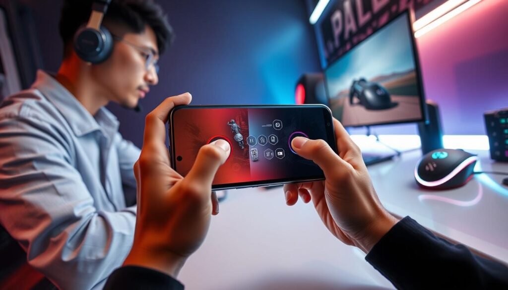 A modern gaming phone on a sleek gaming desk, prominently displaying its trigger buttons inspired by Red Magic technology. In the foreground, the phone is held in the hands of a focused gamer in stylish yet professional casual attire, immersed in gameplay. The middle ground features gaming accessories like a mechanical keyboard and RGB mouse, enhancing the gaming atmosphere. In the background, soft ambient lighting adds a tech-savvy vibe, with a subtle glow from LED light strips illuminating the room. The scene is captured from a slight low angle, emphasizing the phone's design and functionality. The mood is energetic and competitive, showcasing the benefits of advanced gaming technology for Indonesian gamers.
