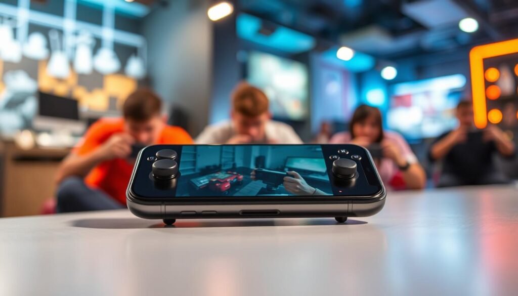 A modern gaming smartphone prominently displayed in the foreground, showcasing its unique physical trigger buttons designed for gaming, highlighted by soft, focused lighting that emphasizes the sleek design and functionality. In the middle ground, blurred action shots of intense mobile gaming, capturing the excitement and engagement of players using the phone, immerse the viewer in the gaming experience. The background features a stylish, tech-inspired environment with ambient lighting to create an engaging and energetic atmosphere. The overall mood is vibrant and dynamic, evoking the thrill of competitive gaming on a budget. The angle should be slightly tilted for a dramatic effect, with reflections hinting at cutting-edge technology.