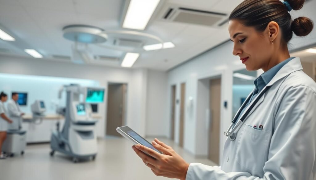 A modern healthcare facility interior showcasing the implementation of IoT technology. In the foreground, a healthcare professional in a crisp lab coat examines a tablet displaying patient data. In the middle ground, advanced medical equipment with integrated IoT sensors is visible, providing real-time monitoring of patient health metrics. The background features a well-lit, open area with smart devices like connected blood pressure monitors and digital displays, illustrating the seamless integration of technology. The atmosphere is analytical yet inviting, with soft fluorescent lighting enhancing the clean, futuristic look. Capture the scene from a slightly elevated angle to emphasize the interaction between the healthcare worker and the technology, conveying a sense of innovation and care. A modern healthcare facility interior showcasing the implementation of IoT technology. In the foreground, a healthcare professional in a crisp lab coat examines a tablet displaying patient data. In the middle ground, advanced medical equipment with integrated IoT sensors is visible, providing real-time monitoring of patient health metrics. The background features a well-lit, open area with smart devices like connected blood pressure monitors and digital displays, illustrating the seamless integration of technology. The atmosphere is analytical yet inviting, with soft fluorescent lighting enhancing the clean, futuristic look. Capture the scene from a slightly elevated angle to emphasize the interaction between the healthcare worker and the technology, conveying a sense of innovation and care.