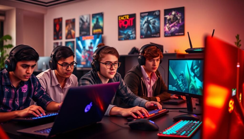 A modern internet gaming scene focused on low-latency provider options. In the foreground, a group of diverse young adults, dressed in professional casual attire, intensely focus on their gaming laptops, showcasing vibrant screens filled with gaming action. In the middle, there are sleek gaming peripherals like high-refresh-rate monitors, mechanical keyboards, and gaming mice, all illuminated with dynamic LED lighting. The background features an urban living space, with a wall decorated with gaming posters and a high-speed router prominently displayed, symbolizing reliable internet connectivity. The atmosphere is competitive and energetic, with warm ambient lighting that conveys excitement and focus, captured with a depth of field effect to highlight the gamers while softly blurring the surrounding details.