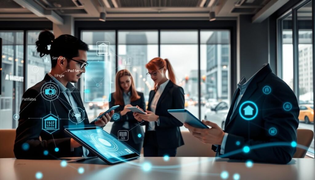 A modern office environment with interconnected devices showcasing the integration of artificial intelligence and IoT. In the foreground, display a sleek digital interface with holographic elements illustrating data flow between smart devices like sensors, home appliances, and wearable technology. The middle ground features professionals in business attire collaborating, analyzing data on tablets and screens, conveying a sense of teamwork and innovation. The background includes a smart cityscape visible through large windows, featuring smart traffic lights and connected vehicles. Bright, natural lighting floods the space, accentuating advanced technology and fostering a dynamic atmosphere of connectivity and intelligence. Focus on a contemporary, clean design with a focus on the harmony between humans and technology.