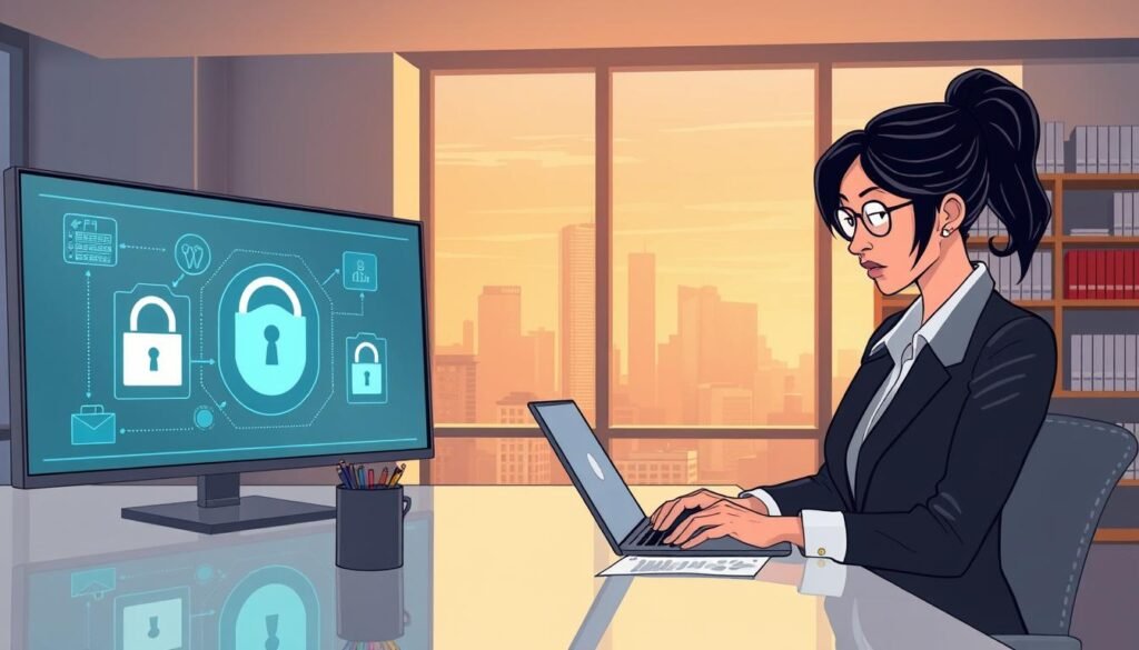 A modern office setting focused on software business protection strategies. In the foreground, a professional-looking businesswoman in formal attire is seated at a sleek desk, studying charts and graphs on her laptop. In the middle, there’s a large digital screen displaying a visual representation of software security measures, such as firewall icons and locked files. The background features shelves lined with books on business law and technology, and a large window showing a cityscape under soft, warm lighting that creates a motivational atmosphere. The angle is slightly above eye level, giving a comprehensive view of the workspace, while the overall mood is serious yet hopeful, reflecting the importance of protecting businesses from illegal software risks. A modern office setting focused on software business protection strategies. In the foreground, a professional-looking businesswoman in formal attire is seated at a sleek desk, studying charts and graphs on her laptop. In the middle, there’s a large digital screen displaying a visual representation of software security measures, such as firewall icons and locked files. The background features shelves lined with books on business law and technology, and a large window showing a cityscape under soft, warm lighting that creates a motivational atmosphere. The angle is slightly above eye level, giving a comprehensive view of the workspace, while the overall mood is serious yet hopeful, reflecting the importance of protecting businesses from illegal software risks.