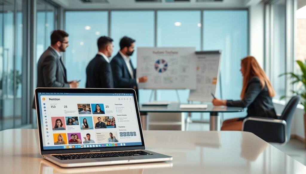A modern office space showcasing seamless software integration with Notion. In the foreground, a sleek laptop displays the Notion interface with vibrant team spaces and custom templates visible on the screen. A diverse group of three professionals, dressed in business attire, collaborate around a glass table, engaged in discussion. In the middle, whiteboard sketches and flowcharts illustrate technical requirements for software integration. The background features large windows letting in natural light, illuminating the workspace, and a calming color palette of blues and greens. Capture this dynamic atmosphere of teamwork and innovation, with a slight depth of field to focus on the laptop while softly blurring the background elements.