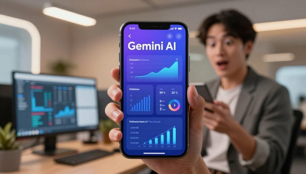 A modern, sleek smartphone displaying a dynamic interface of Gemini AI, showcasing real-time information analytics. In the foreground, the phone is centered with a vibrant screen illuminated, revealing graphs, icons, and digital data visualizations. The middle layer features a professional user, dressed in smart casual clothing, engaging with the phone, showcasing an expression of curiosity and excitement. The background is a softly blurred, contemporary office setting with warm lighting and subtle tech-themed elements like monitors and futuristic décor, adding depth. The overall atmosphere conveys innovation and efficiency, with a focus on integrating AI technology into everyday life, illuminated by a soft, ambient glow to create a sense of urgency and excitement.