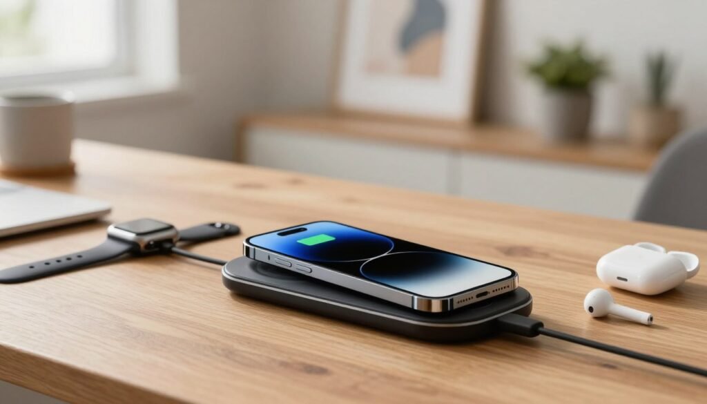 A modern, sleek workspace featuring an iPhone charging on a stylish wireless charging pad, surrounded by a few other high-tech devices like an Apple Watch and AirPods, all elegantly arranged on a wooden desk. The focus is on the iPhone, with its screen illuminating softly, displaying a battery health icon. Soft, natural lighting streams in through a window, creating a warm and inviting atmosphere. In the background, a blurred soft-focus view of contemporary decor, such as potted plants and minimalistic artwork, enhances the modern vibe. The overall feel of the image is calm and professional, conveying the idea of smart charging habits that maintain battery health.