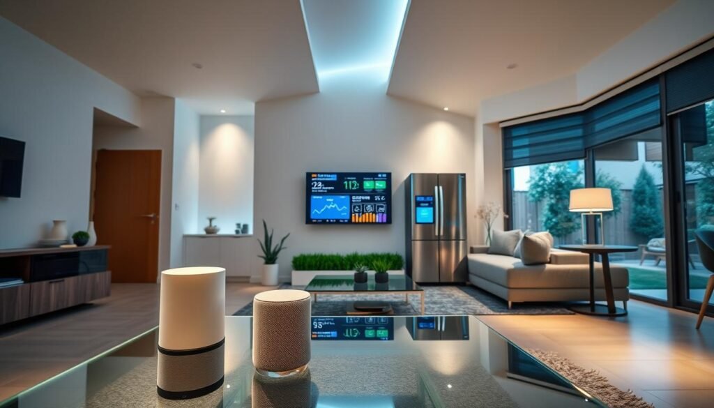 A modern smart home interior showcasing a seamless integration of various smart devices and automated systems. In the foreground, a sleek living room features a digital assistant on a glass coffee table, while ambient lighting creates a cozy atmosphere. In the middle, a wall-mounted screen displays home data and energy usage statistics, accompanied by smart appliances like a refrigerator with a touchscreen and automated blinds. In the background, large windows reveal a garden with smart irrigation. The scene is well-lit with soft, diffused light coming from multiple sources, reflecting a futuristic yet welcoming mood. The angle is slightly elevated, emphasizing the open design and interconnectivity of the smart home ecosystem, highlighting functionality and comfort seamlessly blended together.