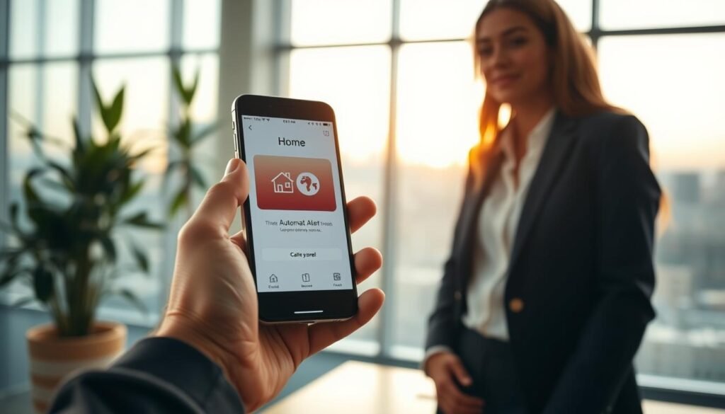 A modern smartphone displaying a sleek notification interface, highlighting an automatic "Home" alert. In the foreground, focus on the phone held by a business professional dressed in smart casual attire, showcasing their engaged expression. In the middle, the phone screen shows a visually appealing notification graphic with symbols of home and travel. The background features a clean, contemporary office environment with large windows letting in soft, natural light, hinting at the evening outside. A small plant adds a touch of greenery. The mood is efficient and organized, illustrating a seamless blend of technology and daily life. The lighting is warm, creating a welcoming atmosphere.