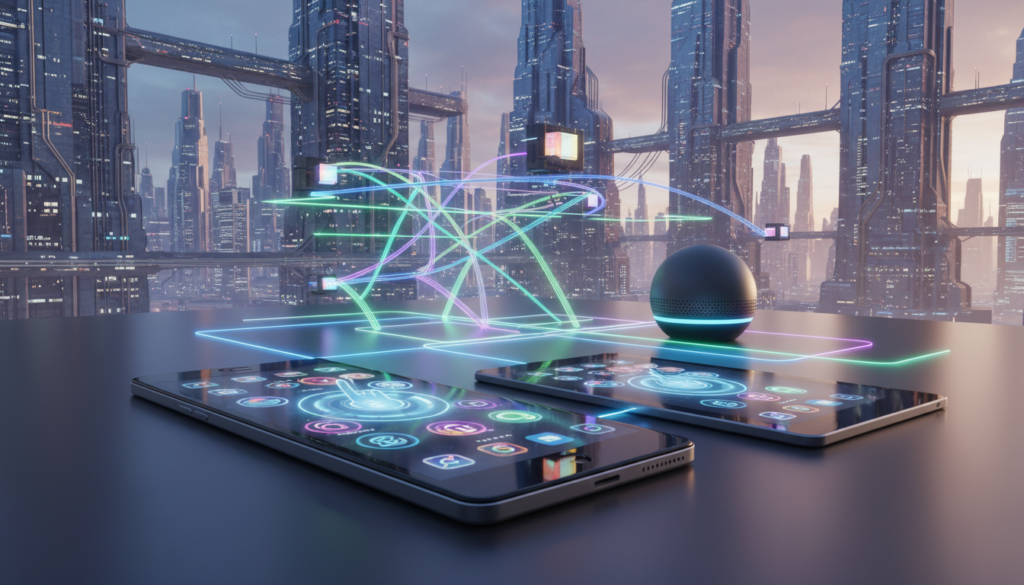 A modern tech landscape showcasing device compatibility in the foreground, featuring a sleek smartphone with a gesture control interface, and a tablet seamlessly connected beside it, both displaying vibrant holographic app icons. In the middle ground, there are various smart home devices like a smart speaker and smart lights, connected via visible glowing lines representing data flow and compatibility. The background reveals a futuristic city skyline bathed in soft, ambient lighting, reflecting advanced technology. The scene is captured with a slight tilt to convey dynamism, using a wide-angle lens for depth. The mood is optimistic and innovative, suggesting a seamless integration of devices and gesture controls, highlighting the future of interaction. A modern tech landscape showcasing device compatibility in the foreground, featuring a sleek smartphone with a gesture control interface, and a tablet seamlessly connected beside it, both displaying vibrant holographic app icons. In the middle ground, there are various smart home devices like a smart speaker and smart lights, connected via visible glowing lines representing data flow and compatibility. The background reveals a futuristic city skyline bathed in soft, ambient lighting, reflecting advanced technology. The scene is captured with a slight tilt to convey dynamism, using a wide-angle lens for depth. The mood is optimistic and innovative, suggesting a seamless integration of devices and gesture controls, highlighting the future of interaction.