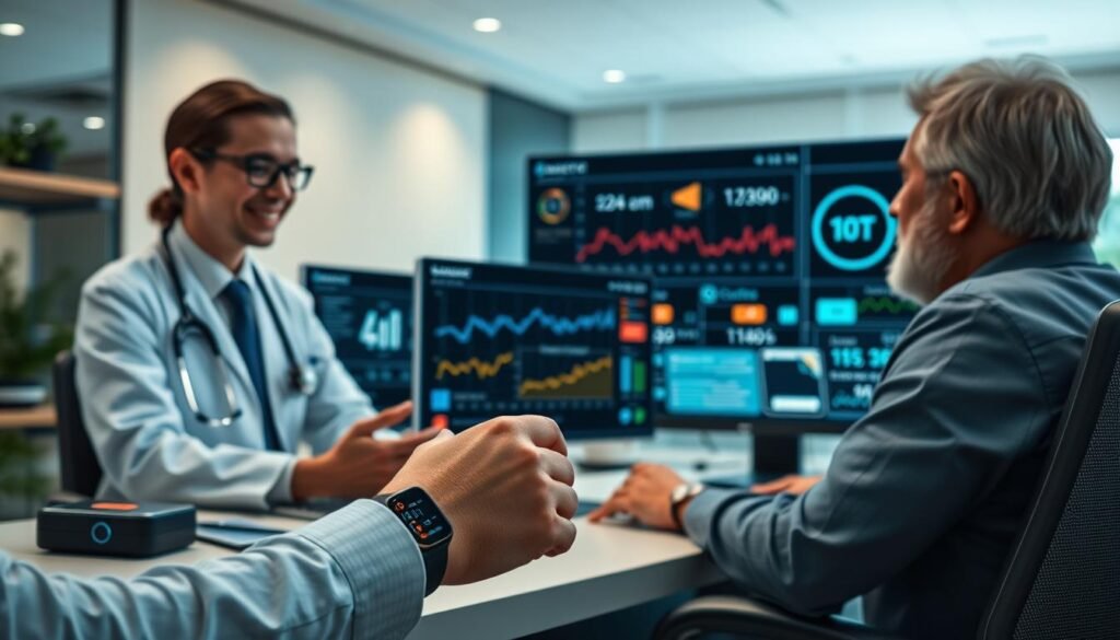A modern telemedicine consultation scene featuring a healthcare professional in professional attire, engaged in a virtual meeting with a patient. In the foreground, showcase advanced IoT medical devices like smart wearables and monitoring equipment displaying real-time health data. The middle ground features a sleek, high-tech workspace with computer screens showing graphs and alerts related to patient health metrics. The background includes a digital interface with connectivity symbols representing the integration of IoT technology in healthcare. Soft, natural lighting enhances the atmosphere, creating a sense of trust and innovation. The overall mood should convey a blend of professionalism, technology, and compassionate care. A modern telemedicine consultation scene featuring a healthcare professional in professional attire, engaged in a virtual meeting with a patient. In the foreground, showcase advanced IoT medical devices like smart wearables and monitoring equipment displaying real-time health data. The middle ground features a sleek, high-tech workspace with computer screens showing graphs and alerts related to patient health metrics. The background includes a digital interface with connectivity symbols representing the integration of IoT technology in healthcare. Soft, natural lighting enhances the atmosphere, creating a sense of trust and innovation. The overall mood should convey a blend of professionalism, technology, and compassionate care.