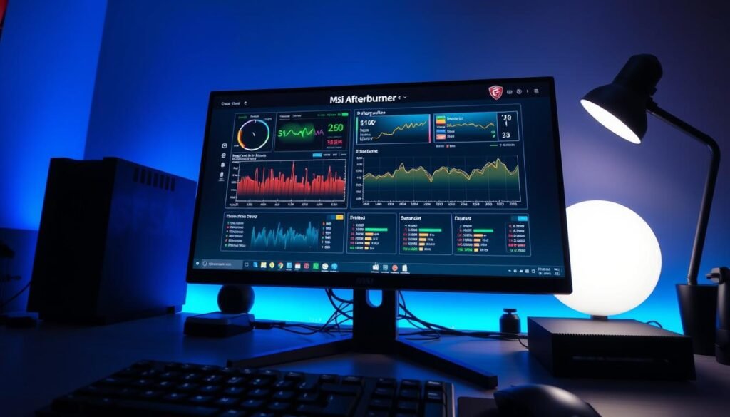 A modern workspace featuring a computer screen displaying the MSI Afterburner monitoring overlay, with detailed graphs and sensor readings prominently shown. The foreground includes the computer's keyboard and mouse, hinting at active usage. In the middle, the monitor showcases a vibrant interface, with colorful usage metrics and temperature readings, reflecting an advanced overclocking setup. The background displays a clean desk environment, with soft blue ambient lighting providing a professional yet inviting atmosphere. The image is taken from a slight angle to emphasize the monitor and its content while maintaining visibility of the desk setup. The scene evokes a tech-savvy vibe, ideal for understanding basic MSI Afterburner overlay settings.