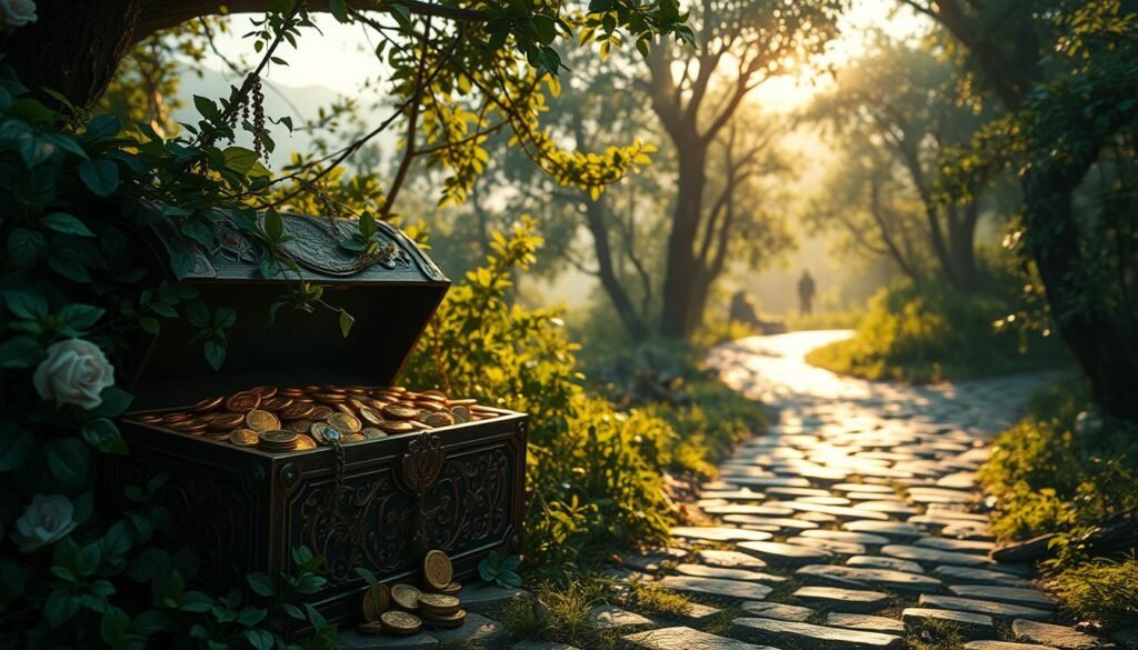 A mystical hidden trail rewards scene inspired by the world of Assassin's Creed. In the foreground, an intricately decorated treasure chest slightly ajar, shimmering with gold coins, gemstones, and ancient artifacts, nestled among lush green foliage and hidden by overgrown vines and flowers. The middle ground features a winding, cobblestone path leading deeper into a sun-dappled forest, illuminated by soft, golden sunlight filtering through the leaves. The background reveals distant mountains shrouded in fog, creating an air of mystery. The overall atmosphere is enchanting and adventurous, inviting exploration and discovery, with sharp focus on the treasure in the foreground and a soft bokeh effect on the background elements.