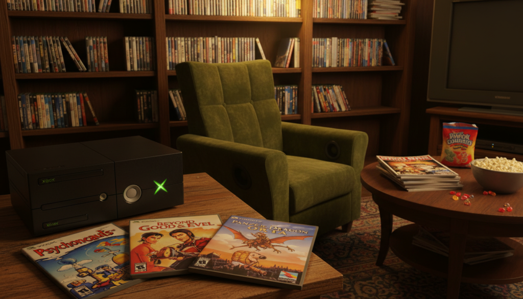 A nostalgic gaming setting featuring a collection of hidden gem Xbox games from the past. In the foreground, showcase a vintage Xbox console along with a few iconic game covers, artistically arranged. The middle layer should include a cozy living room environment, complete with a stylish gaming chair and a coffee table scattered with game magazines and snacks. In the background, soft ambient lighting casts a warm glow, illuminating a bookshelf filled with classic Xbox titles. The mood should be inviting and reminiscent, encouraging a sense of discovery and nostalgia among gamers. Capture the scene from an eye-level angle to create an immersive feel, ensuring the colors are rich and vibrant, evoking the charm of retro gaming.