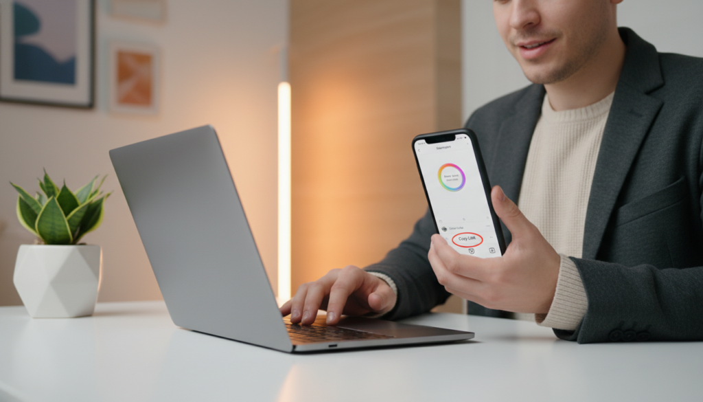 A person using a smartphone, sitting at a sleek, modern desk with a laptop open in front of them. The individual is dressed in smart casual attire, conveying a sense of professionalism. In foreground, the smartphone displays the Instagram app with a highlighted story, showcasing the &amp;quot;copy link&amp;quot; option. The background features a softly lit room with minimalistic decor, with a potted plant on the desk and a warm glow from a nearby lamp, creating a cozy atmosphere. The angle is slightly tilted down, providing a clear view of the phone screen while maintaining a focus on the person’s engaged expression. The overall mood is informative and encouraging, ideal for demonstrating the process of copying an Instagram story link across various devices.