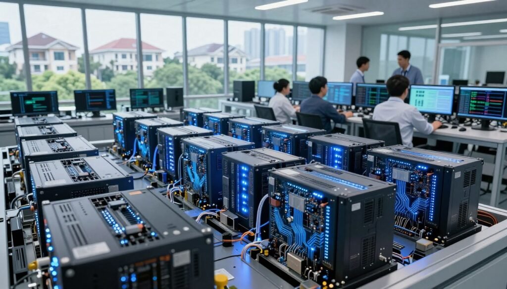 A powerful supercomputer sits majestically in a modern research facility, its intricate components glowing with cool blue LED lights. In the foreground, close-up views reveal complex circuit boards and high-tech processors, showcasing the sophistication of advanced computing technology. The middle ground features researchers in professional attire, intently discussing data displayed on large screens, emphasizing the collaborative nature of high-performance computing. In the background, large windows offer a panoramic view of a bustling cityscape, with luxury homes peeking through the greenery, subtly linking the theme of extravagant costs. The lighting is bright and clinical, with soft, diffused natural light streaming in, creating a futuristic yet approachable atmosphere. The overall mood is one of innovation, ambition, and the awe-inspiring possibilities of supercomputing.