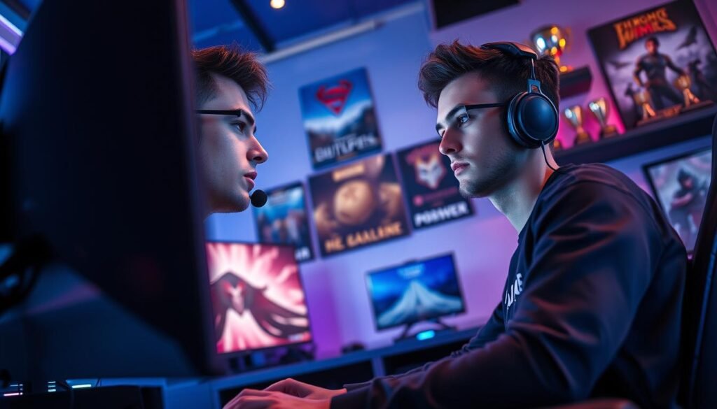 A professional esports player in a modern gaming setup, sitting at an ultra-high-definition monitor, intensely focused on the game. The foreground features the player wearing a sleek, stylish team jersey with a headset on, their expression showing determination and concentration. The middle ground displays an array of colorful LED lights pulsing in rhythm with the gameplay, reflecting the modern gaming culture. In the background, a well-organized gaming room with posters of famous games and trophies on shelves, hinting at success and dedication. The lighting is dynamic yet soft, with a cool color palette creating an immersive and energetic atmosphere. Capture this scene from a low angle to emphasize the player's skill and professionalism, evoking a sense of the competitive gaming world. A professional esports player in a modern gaming setup, sitting at an ultra-high-definition monitor, intensely focused on the game. The foreground features the player wearing a sleek, stylish team jersey with a headset on, their expression showing determination and concentration. The middle ground displays an array of colorful LED lights pulsing in rhythm with the gameplay, reflecting the modern gaming culture. In the background, a well-organized gaming room with posters of famous games and trophies on shelves, hinting at success and dedication. The lighting is dynamic yet soft, with a cool color palette creating an immersive and energetic atmosphere. Capture this scene from a low angle to emphasize the player's skill and professionalism, evoking a sense of the competitive gaming world.