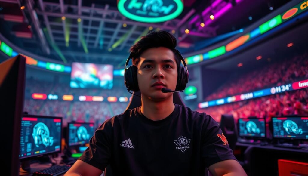 A professional esports player sitting in a modern gaming setup, surrounded by high-end gaming equipment, colorful LED lighting, and multiple monitors displaying gameplay statistics. The player, dressed in a sleek esports jersey and headset, appears focused and determined. In the background, faint outlines of a large crowd cheering in an arena, emphasizing the competitive nature of esports. The lighting is dynamic and dramatic, highlighting the player's intense expression while casting soft shadows around the setup. The scene conveys a vibrant, energetic atmosphere, reflecting the excitement of esports competition in Indonesia. The camera angle is slightly tilted upward, giving a sense of grandeur and importance to the player's role in the gaming industry.