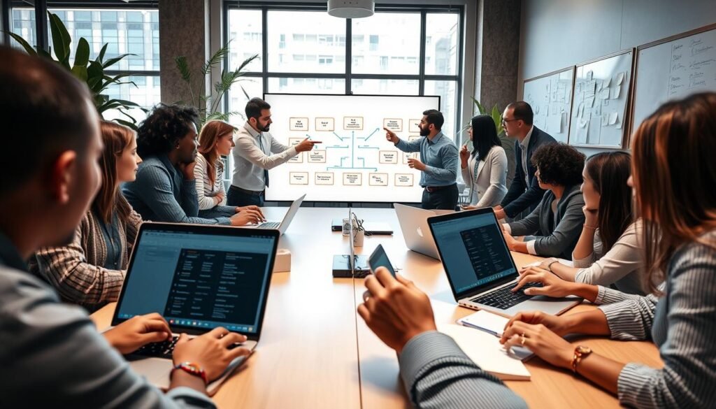 A professional office environment featuring a diverse group of individuals collaborating around a large table, engaged in implementing "Team Spaces" from Notion. The foreground shows a close-up of hands busy working on laptops, displaying Notion's interface with custom templates. The middle features team members of various ethnicities, dressed in business casual attire, discussing and pointing to a large screen that visualizes a conceptual diagram of workflow steps. The background showcases a modern office with natural light streaming in through large windows, plants adding a touch of greenery, and whiteboards filled with notes. The mood is energetic and focused, capturing teamwork and collaboration. Use a soft focus around the edges to highlight the action in the center.
