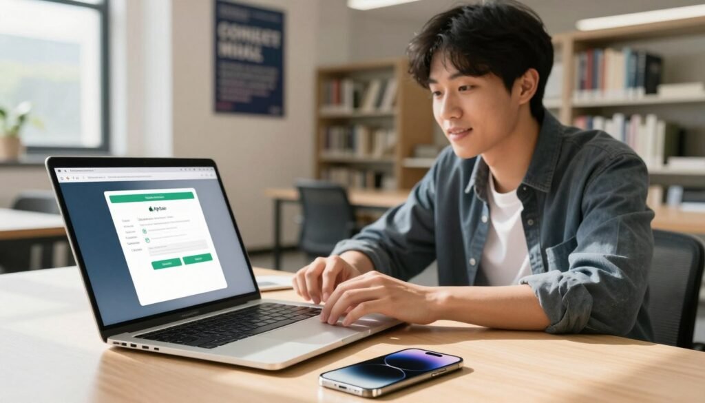 A professional student sitting at a stylish, modern desk, intensely focused on a MacBook displaying the AppleCare verification process. The foreground features a close-up of the student's hands navigating the MacBook, with an iPhone nearby showcasing its sleek design. In the middle ground, the student, dressed in smart casual attire, looks engaged and hopeful while typing. The background hints at a bright, airy campus library or study space, filled with shelves of books and motivational posters about technology and education. Soft natural light floods the scene, casting gentle shadows that create a calm and productive atmosphere. This image encapsulates the process of extending iPhone warranty through student verification with a sense of professionalism and optimism. A professional student sitting at a stylish, modern desk, intensely focused on a MacBook displaying the AppleCare verification process. The foreground features a close-up of the student's hands navigating the MacBook, with an iPhone nearby showcasing its sleek design. In the middle ground, the student, dressed in smart casual attire, looks engaged and hopeful while typing. The background hints at a bright, airy campus library or study space, filled with shelves of books and motivational posters about technology and education. Soft natural light floods the scene, casting gentle shadows that create a calm and productive atmosphere. This image encapsulates the process of extending iPhone warranty through student verification with a sense of professionalism and optimism.