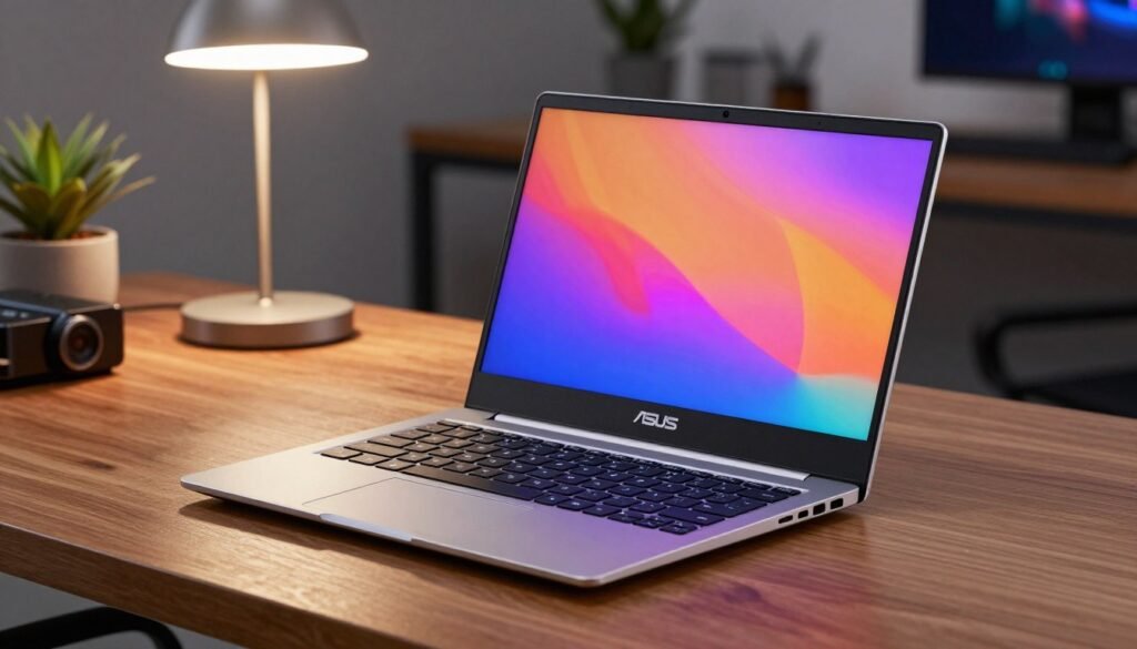 A robust Asus Chromebook with an elegant, metallic finish, showcasing a sleek design and durable build. The focus is on the device's smooth edges, solid hinges, and a vibrant screen displaying vivid colors, emphasizing its advanced technology. In the foreground, the Chromebook is open, revealing a spacious keyboard and illuminated keys, accentuated by a soft glow from ambient lighting. In the middle ground, a stylish workspace features a wooden desk with a modern lamp and tech accessories, creating a tech-savvy atmosphere. The background includes a blurred office environment, suggesting professionalism and innovation. The mood is contemporary and inspiring, highlighting the Chromebook's strength and versatility, ideal for both work and leisure.