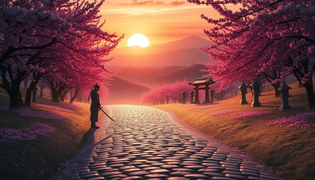 A serene and captivating landscape depicting the "Path of Valor" in Izumi Settsu, showcasing a narrow, winding cobblestone path lined with vibrant cherry blossom trees. In the foreground, a lone samurai in traditional attire stands poised with a katana, symbolizing courage and determination. The samurai is surrounded by ethereal light filtering through the blossoms, casting soft shadows. The middle ground features rolling hills and ancient stone lanterns, hinting at the cultural richness of the setting. In the background, majestic mountains rise under a vivid sunset, illuminating the sky with hues of orange and purple. The overall mood is tranquil yet adventurous, inviting viewers to explore the depth of this historical journey. The composition is captured with a warm, diffused lighting, creating an enchanting atmosphere.