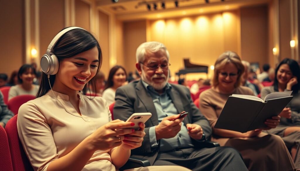 A serene concert hall setting with a diverse group of classical music enthusiasts, both men and women, dressed in elegant yet modest attire, sitting in a cozy atmosphere. In the foreground, a young woman with headphones is absorbed in her smartphone, exploring the features of a classical music app, her expression one of delight and inspiration. In the middle ground, an older man is seen flipping through a playlist on a tablet, while a couple engages in conversation about their favorite composers. The background features a beautifully illuminated stage with a grand piano and musicians tuning their instruments. Soft, warm lighting highlights the scene, creating a welcoming, sophisticated mood, capturing the joy and communal experience of classical music appreciation through technology. The angle is slightly elevated, offering a broad view of the concert hall, enhancing the feeling of inclusion and warmth.