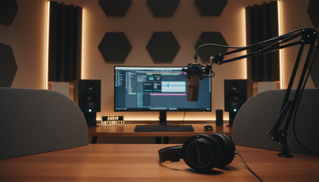 A serene home studio setting showcasing a professional audio workstation. In the foreground, a neatly arranged desk with high-quality headphones, a microphone, and soundproofing panels. The middle ground features a sleek computer monitor displaying audio editing software, with waveforms clearly visible, symbolizing clear sound quality. In the background, soft diffused lighting creates a cozy atmosphere, enhancing the focus on the audio equipment. The walls are adorned with acoustic treatment materials, ensuring optimal sound clarity. The scene captures a mood of concentration and professionalism, reflecting the importance of maintaining audio integrity while converting YouTube videos to MP3. The lighting is warm, and the angle is slightly elevated, providing a comprehensive view of the audio setup without any distractions.
