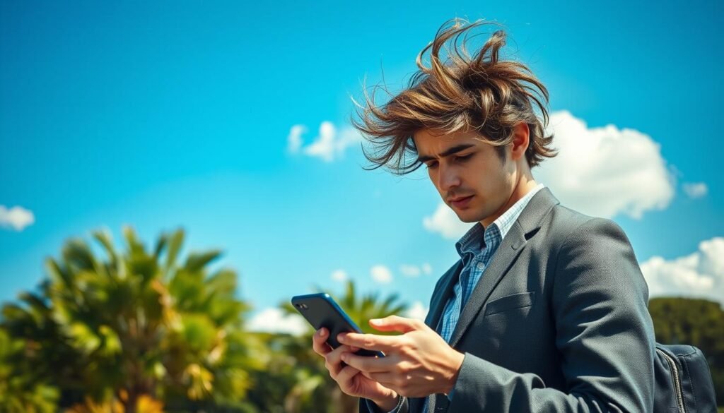 A serene outdoor scene depicting a person with a smartphone, attempting to identify a song using a music recognition app amid strong winds. In the foreground, the individual, dressed in smart-casual attire, is intently focused on their device, their hair tousled by the wind. The middle of the image features swaying trees and moving leaves, suggesting the intensity of the wind. In the background, a blue sky with fluffy white clouds enhances the atmosphere. The lighting is bright and natural, illuminating the scene, while soft focus on edges adds depth. The mood combines determination and a hint of frustration, highlighting the challenges of using technology in adverse weather conditions. A serene outdoor scene depicting a person with a smartphone, attempting to identify a song using a music recognition app amid strong winds. In the foreground, the individual, dressed in smart-casual attire, is intently focused on their device, their hair tousled by the wind. The middle of the image features swaying trees and moving leaves, suggesting the intensity of the wind. In the background, a blue sky with fluffy white clouds enhances the atmosphere. The lighting is bright and natural, illuminating the scene, while soft focus on edges adds depth. The mood combines determination and a hint of frustration, highlighting the challenges of using technology in adverse weather conditions.